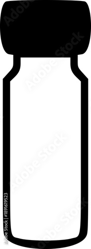 Minimalist medical vial icon with black cap and outline isolated for vaccine or pharmaceutical medicine concept