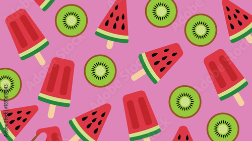 Colorful summer pattern with watermelon popsicles, red fruit popsicles, and green kiwi slices