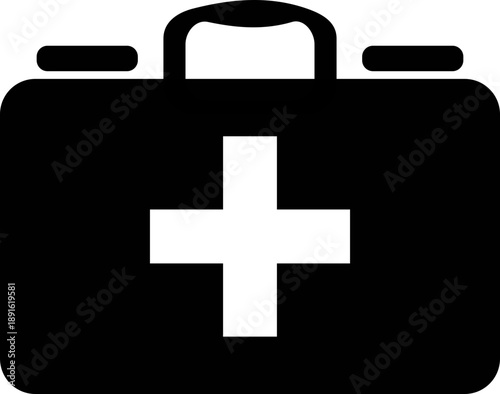 Minimalist black silhouette of a medical briefcase with a white cross symbol representing a doctor's bag or first aid kit