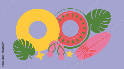 Essentials for summer beach vacation flat lay with swim rings, tropical leaves, and patterned surfboard