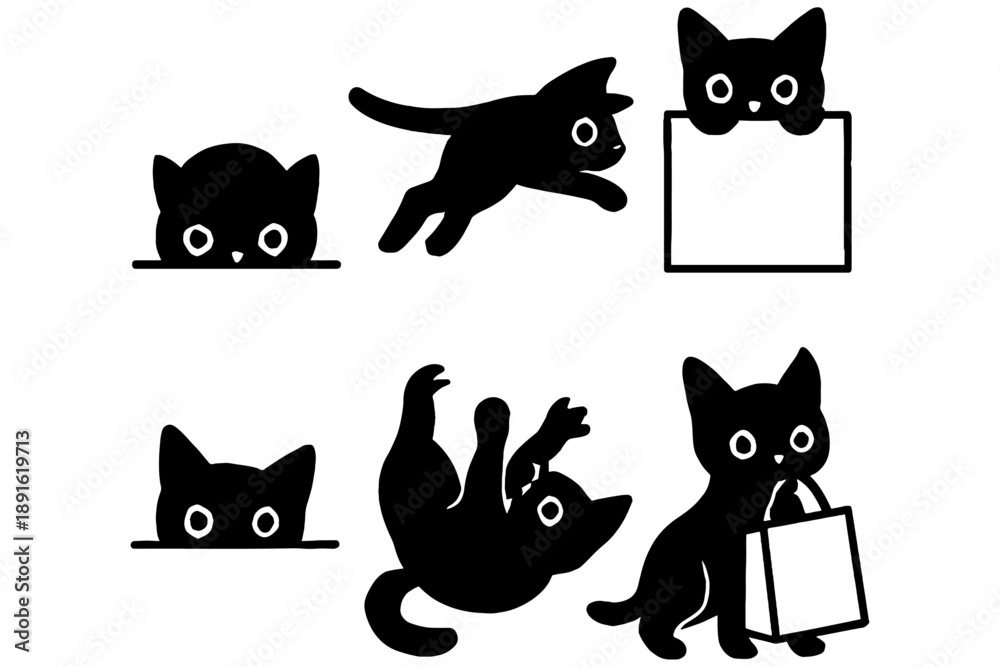 Naklejka premium set of cats, Black and White Cat Silhouettes Playing with Shopping Bag