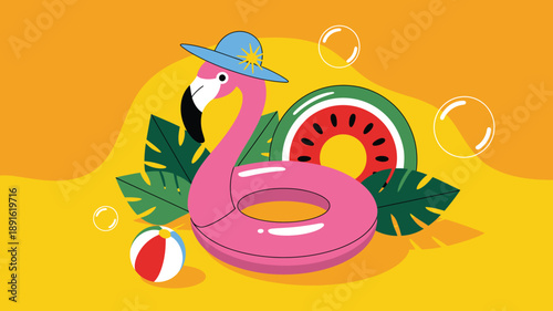 Flamingo float, summer pool fun, tropical watermelon slice, beach ball, holiday activity illustration