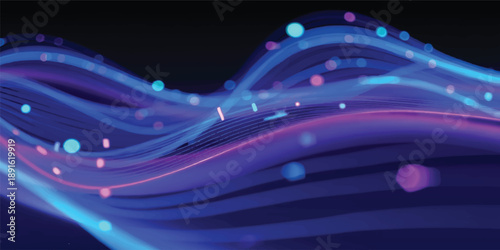 A futuristic abstract background features glowing blue and purple wave lines with a dark motion texture, creating an energetic wallpaper design of light and curved vector art on a black backdrop