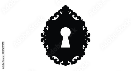 An ornate black frame with a keyhole opening is prominently displayed against a stark white background a striking silhouette