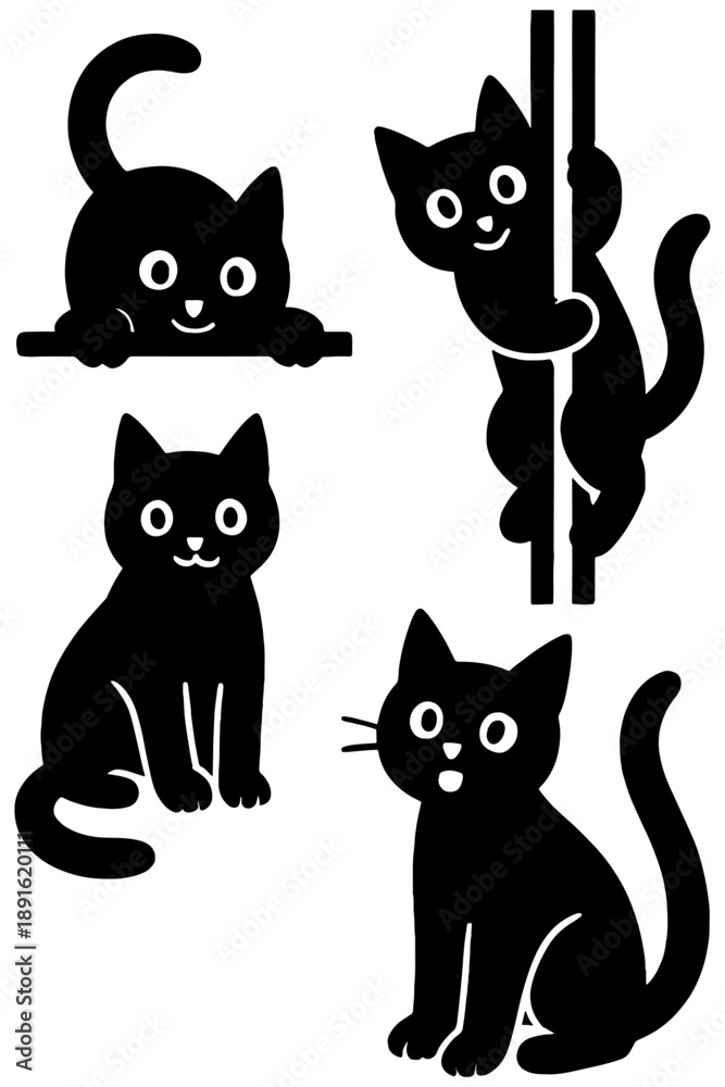 Obraz premium set of cats, Cute Kittens and Funny Cats – Black & White Vector Illustration