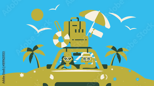Happy couple driving car to tropical beach vacation with luggage and parasol under sunny sky