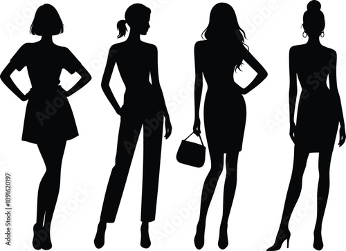 Silhouettes of four women in various outfits on white background