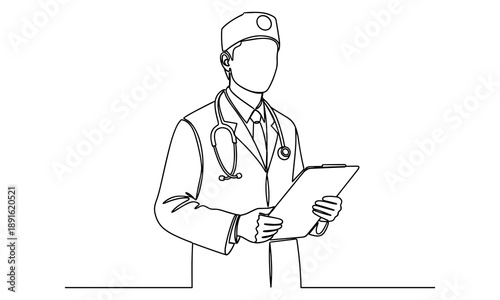 Doctor in Scrubs Holding Clipboard, Line Art Medical Professional