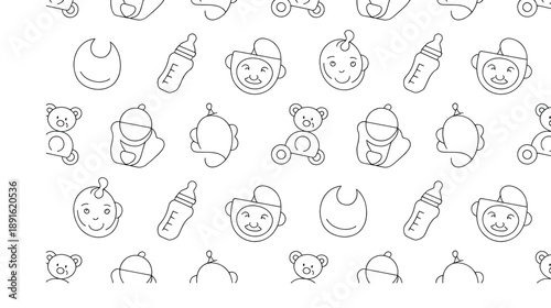 Monochrome repeating background pattern features line drawings of various baby care objects like cribs, rattles, and feeding bottles across a bright white surface.