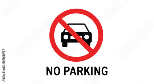 No parking sign with a crossed out car icon and text on a transparent background for traffic regulation