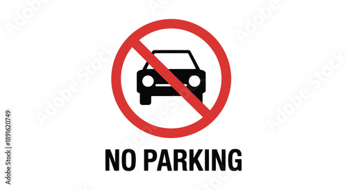 No parking sign with a crossed out car icon and text on a transparent background for traffic regulation