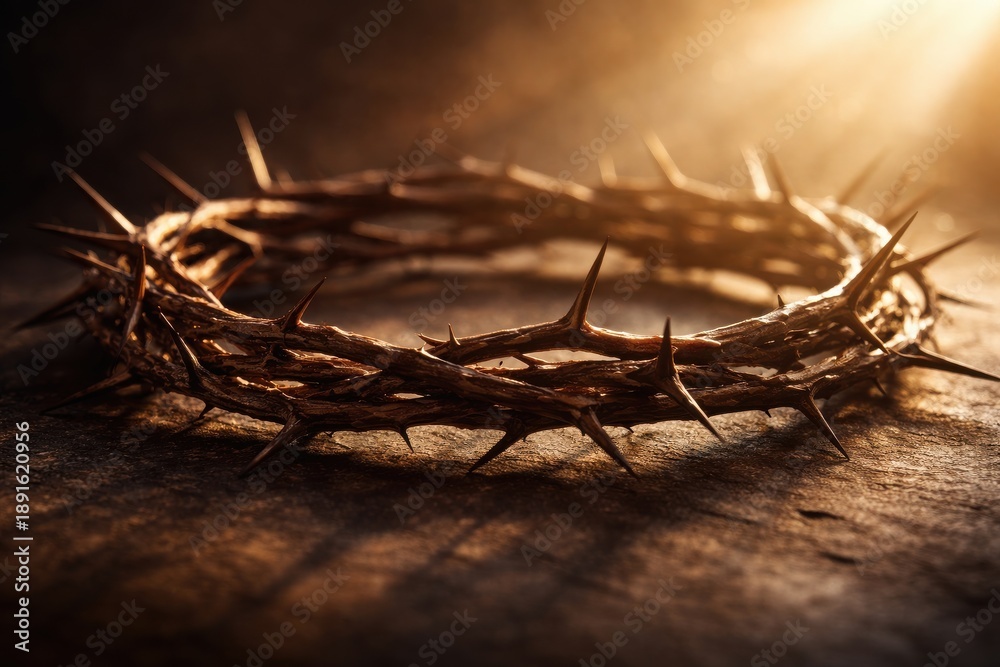 Fototapeta premium Crown of thorns on wooden surface with golden sunlight glow