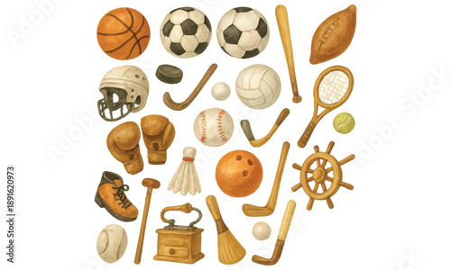 Vintage Sports Equipment and Gear Illustrations