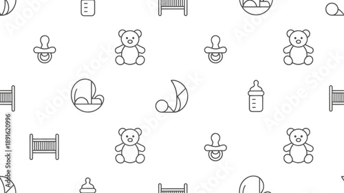 Collection of blue and white graphic icons depicting essential baby supplies including a feeding bottle, pacifier, diaper, and toy rattle isolated on a plain white backdrop.