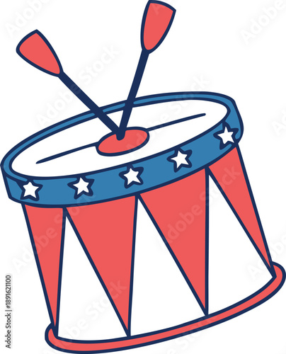Vibrant red and blue drum with stars and drumsticks Vector