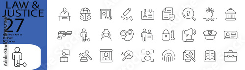 Law & Justice icon set. Editable stroke. Vector illustration.