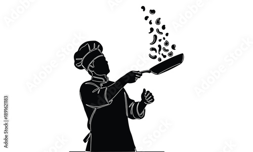 Silhouette of a chef flipping food in a pan, professional cooking art