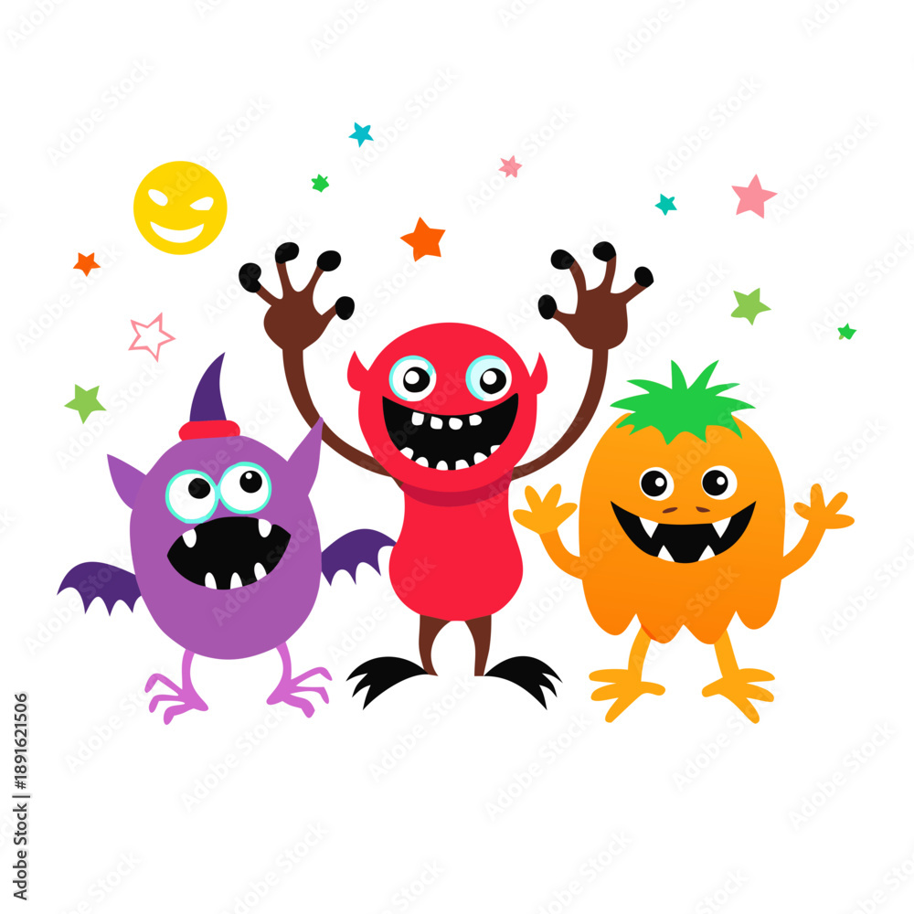 Obraz premium Happy Halloween. Monster colorful silhouette head face icon set line. Eyes, tongue, tooth fang, hands up. Cute cartoon kawaii scary funny baby character. White background. Flat design. See Less 