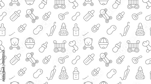Seamless pattern design repeats various outline icons related to newborn infants and baby care products against a clean white background for nursery decoration.