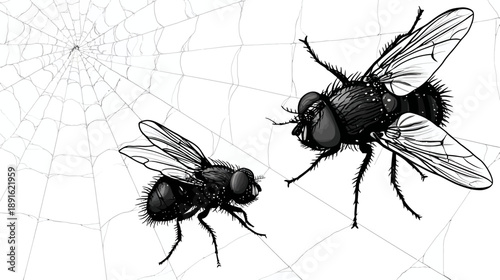 Detailed black and white hand-drawn illustration featuring two flies trapped in a delicate spiderweb, nature's intricate design.
