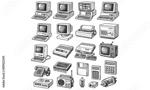 Vintage Retro Technology and Old Gadgets Illustration Set