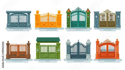 Illustrative vector set of decorative entrance gates. Various styles including ornate wrought iron, sturdy wood, and classic metal designs for property.