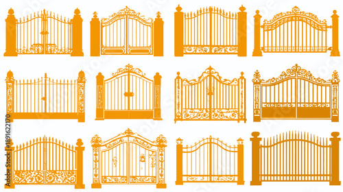 Vector set of elegant golden gates, diverse classic and modern wrought iron fence designs for secure property entrances and decorative boundaries.