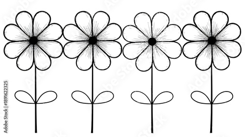 Simple Hand-Drawn Outline Flowers in a Row. Black and White Daisy Doodle Art. Floral Sketch for Coloring Books and Design.