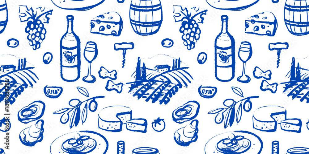 Fototapeta premium Hand drawn vintage wine seamless pattern. Retro vector sketch illustration. Menu design, winery and vineyard branding, alcohol bar concept