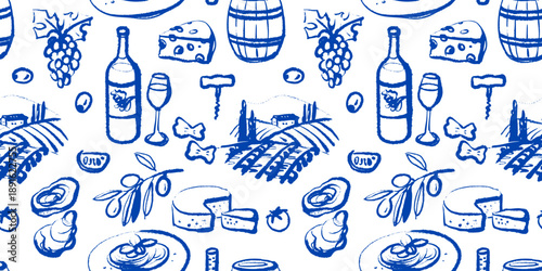 Hand drawn vintage wine seamless pattern. Retro vector sketch illustration. Menu design, winery and vineyard branding, alcohol bar concept