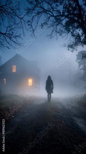 Wallpaper Mural Woman walks towards illuminated house on foggy path at dusk Torontodigital.ca