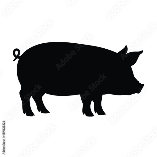 A simple black silhouette of a pig standing in profile view