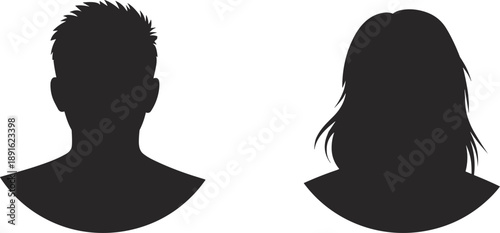 Black silhouette profile bust of a man with spiky hair and a woman with long hair Keywords: silhouette, profile, man, woman