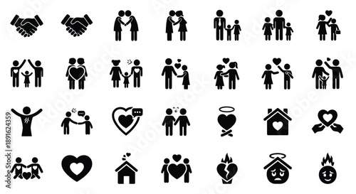 Diverse set of flat design icons illustrating family bonds, teamwork, love, emotions, and social connections in minimalist style