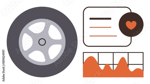 Automotive data, vehicle monitoring, performance analytics, transportation insights, user feedback, digital systems. A car wheel, graph and heart symbol in a modern interface. Automotive data