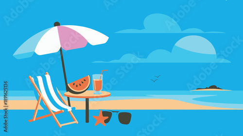 Relaxing summer beach landscape, empty lounge chair, umbrella, table with watermelon and juice, ocean view