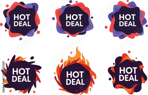 Vibrant hot deal labels collection, featuring dynamic discount badges and promotional stickers perfect for special offers and marketing campaigns