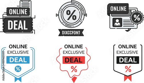 Online deal badges and tags for special promotions and discounts, e-commerce marketing graphic elements