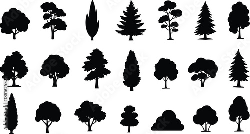 Collection of diverse black tree silhouettes on a white background nature plant
