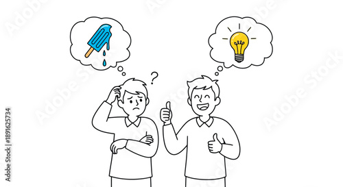 Cartoon characters showing confusion over melting ice cream and sudden inspiration with lightbulb moment illustration