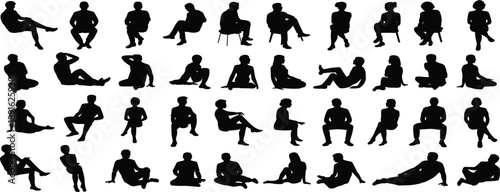 Collection of Human Silhouettes in Seated and Reclining Poses on White Background Keywords: man, woman, adult, person