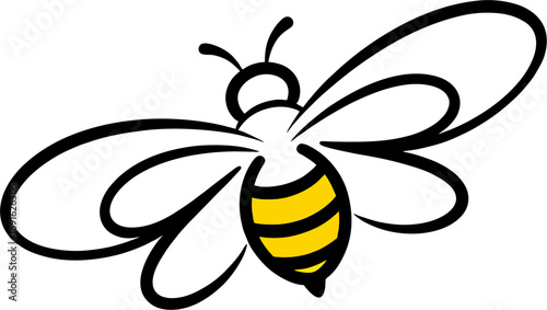 Minimalist Line Art Flying Bee Wasp Outline Illustration with Wings Antennae Striped Abdomen Black Yellow Vector Icon