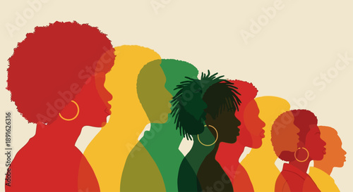 Diverse Group of African American Silhouettes in Vibrant Red Yellow and Green Colors Unity and Heritage