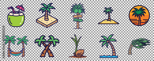 Set of Cute Cartoon Palm Tree and Tropical Vacation Vector Icons. Island Life, Summer Beach, Coconut Drink, Hammock, Sunset, and Travel Theme Illustrations.