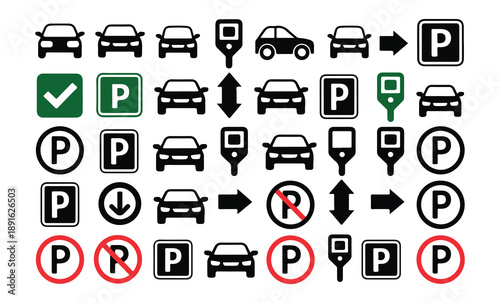 Parking signs and car icons including P symbols prohibition signs and directional arrows for parking management