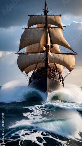 Wallpaper Mural Historic sailing ship navigates stormy seas with full sails and a red flag waving Torontodigital.ca