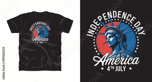 Independence day t-shirt design, statue of liberty with american flag colors and stars