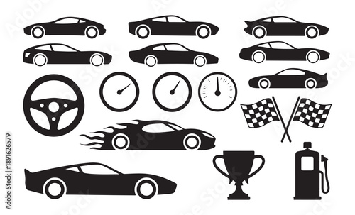 Motor racing icon collection with various sport car profiles steering wheel checkered flags and gas station
