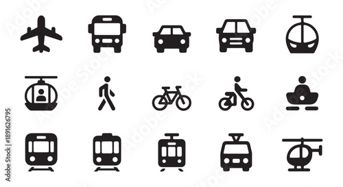 Various transportation icons depicting different ways to travel by air, land, and cable systems