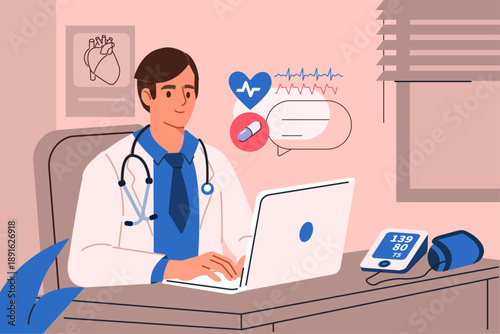 Doctor cardiologist sitting at desk and analyzing patient data. Heart health, cardiovascular healthcare vector illustration.